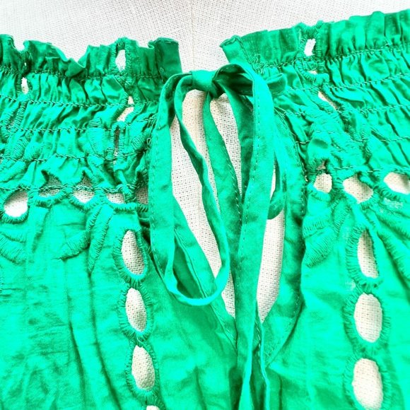 INC Macys Size 4 Green Envy Crinkle Top with Eyelets Off Shoulder - Picture 4 of 11